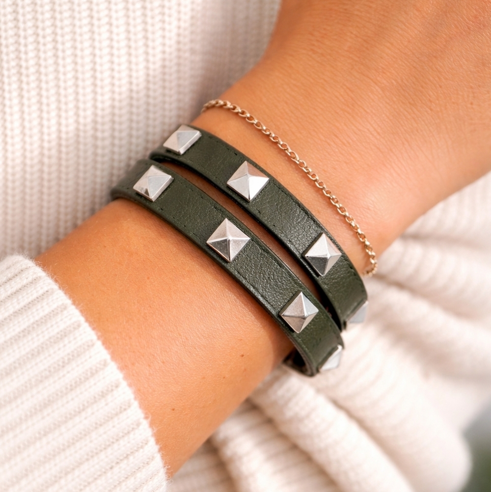 Stella & Dot Studded Leather Wrap Bracelet Green Gold  Stackable Boho Chic